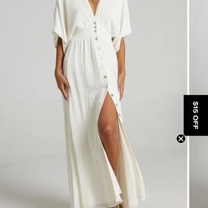 Showpo Sitting Pretty Midi Dress Short Sleeve Button Down Dress in Natural